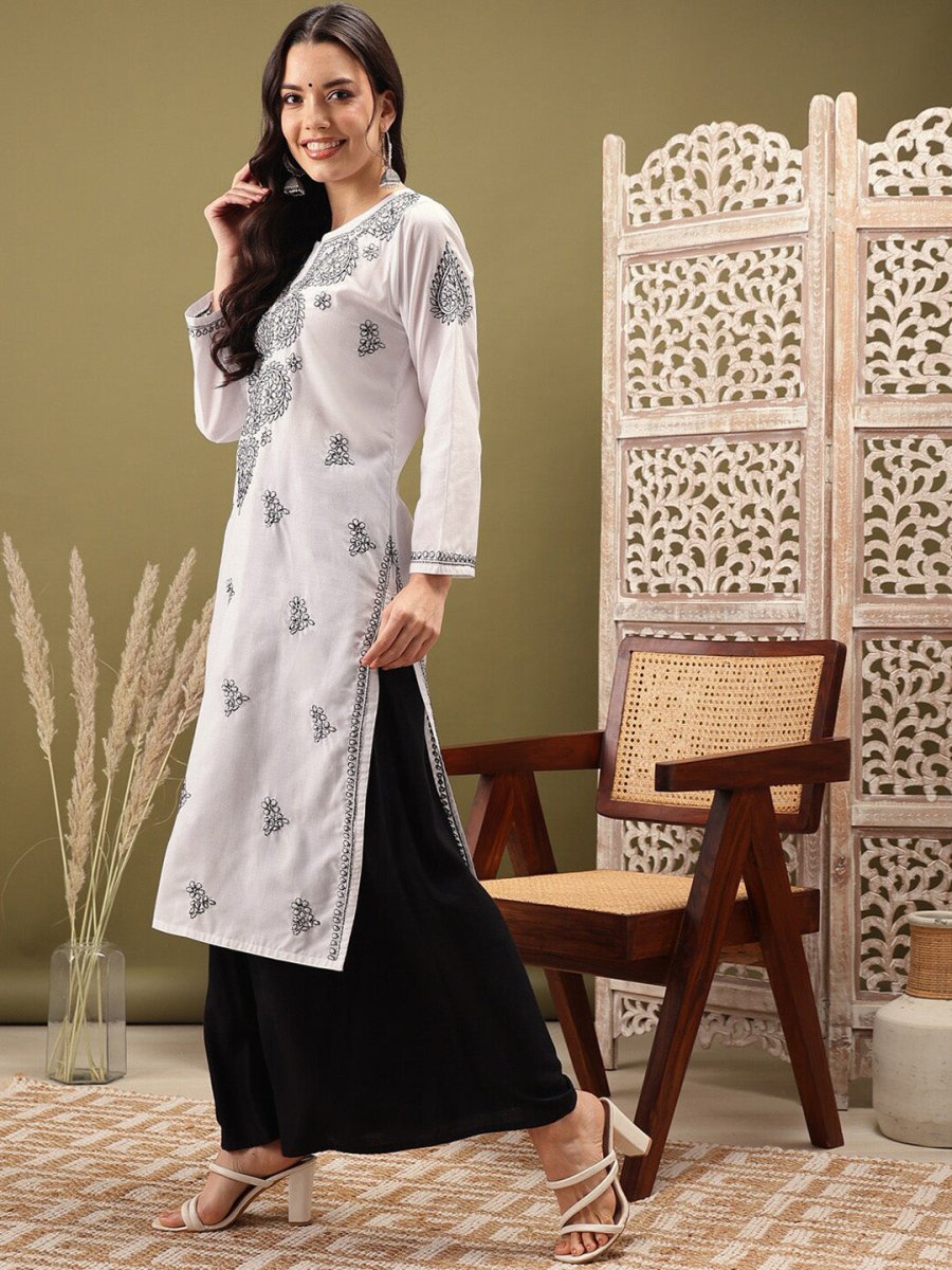 ADA Ethnic Motifs Embroidered Notch Neck Cotton Chikankari Straight Kurta | Swadesiicart