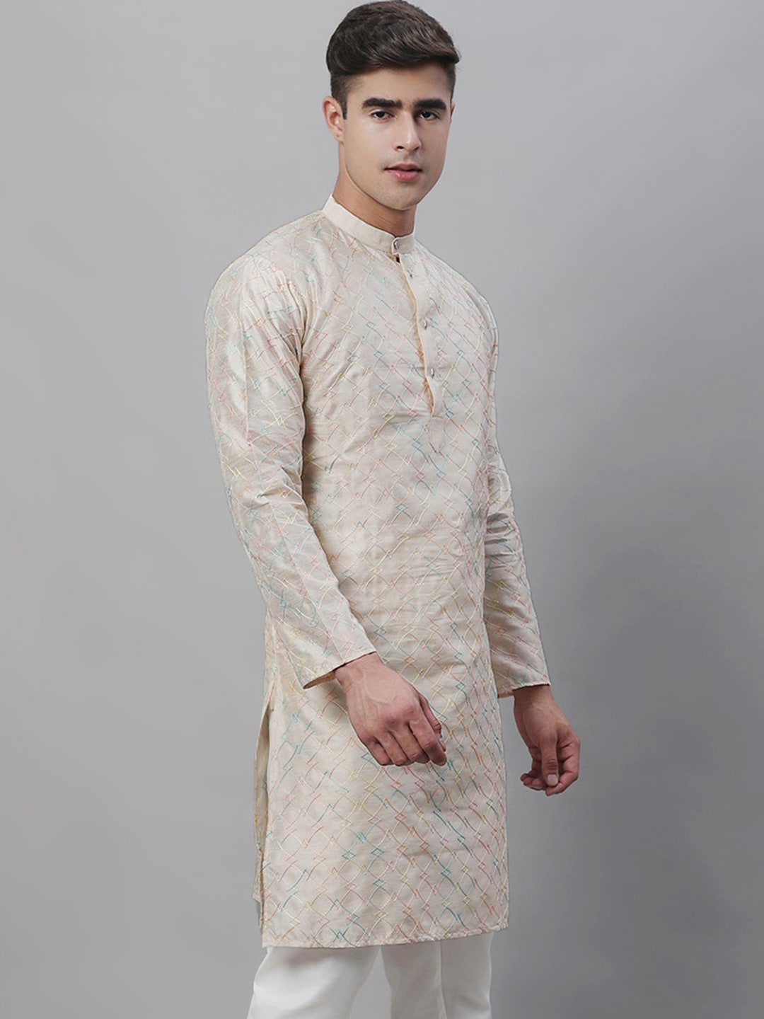Sojanya Band Collar Embroidered Cotton Silk Kurta | Swadesiicart