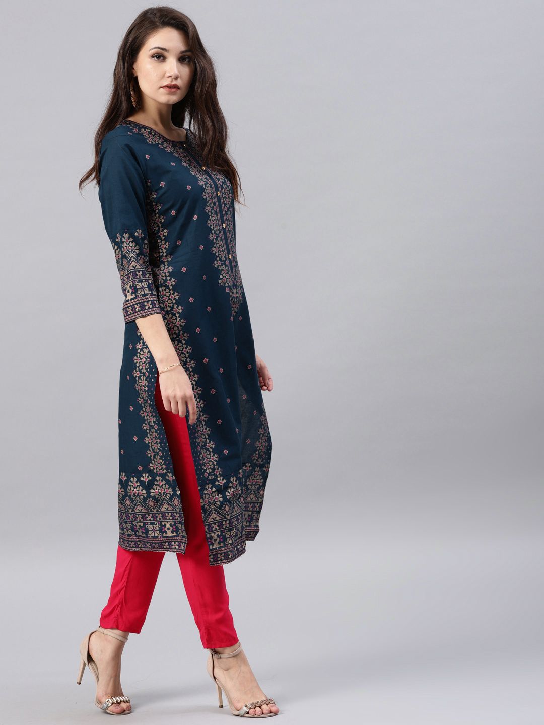 Vishudh Women Navy Blue Printed A-Line Kurta - Swadesiicart