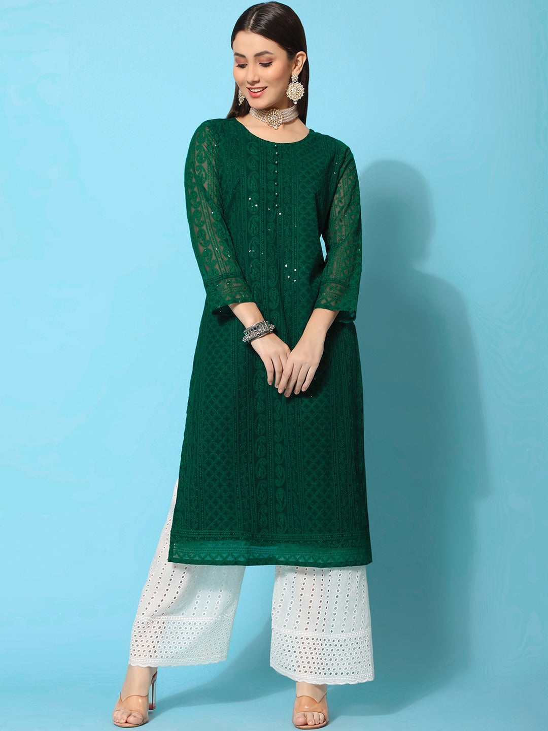 Kalini Ethnic Motifs Embroidered Chikankari Georgette Kurta | Swadesiicart