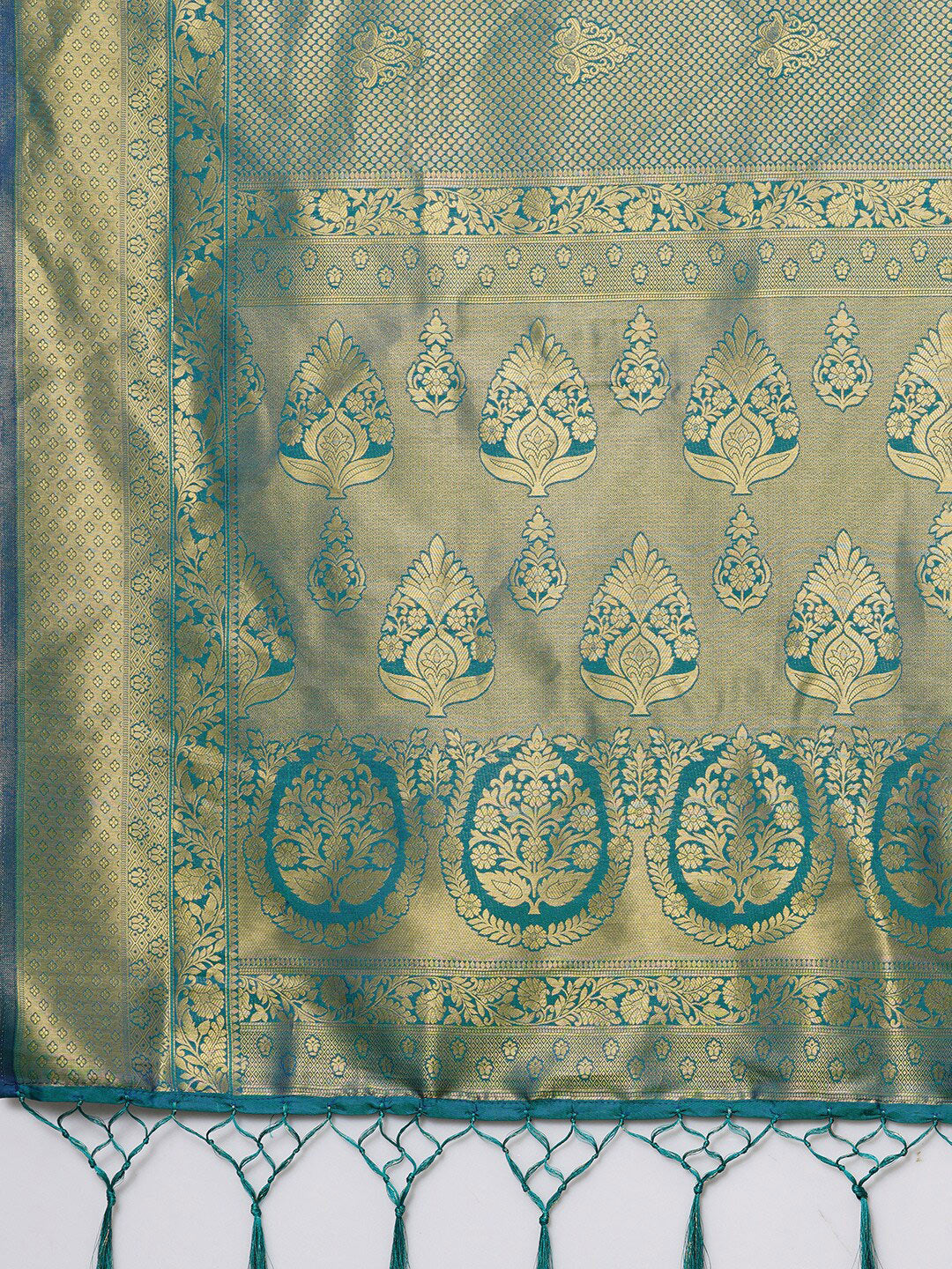 Mitera Teal & Gold-Toned Woven Design Zari Silk Blend Banarasi Saree | Swadesiicart
