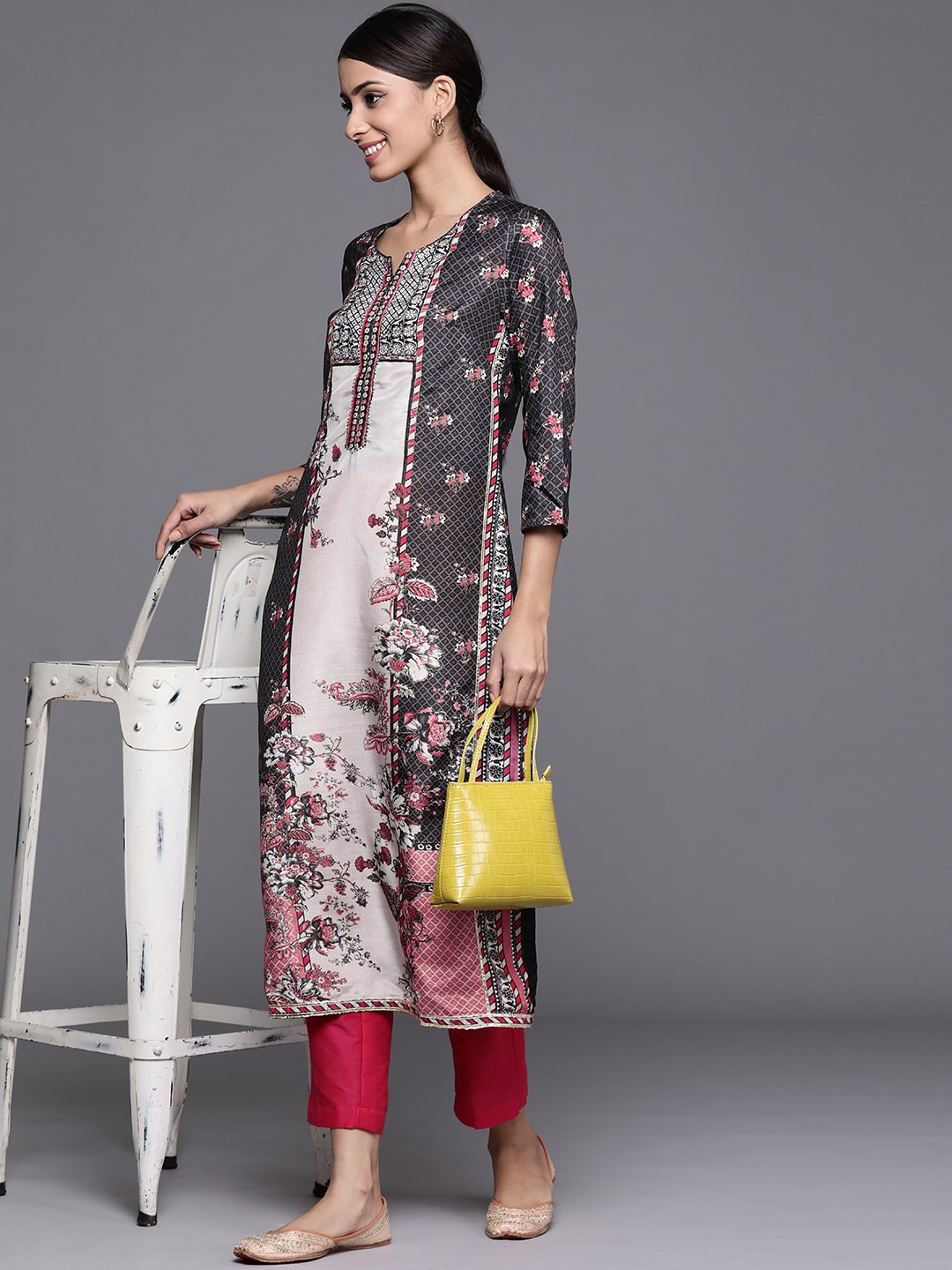 Biba Women Black & Red Ethnic Motifs Printed Kurta - Swadesiicart