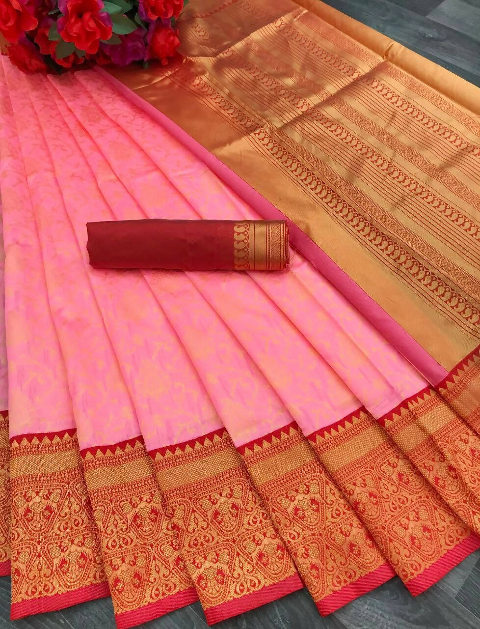 DEIANA'S Beautiful Designer Golden zari Soft Lichi Silk Saree - Peach - Swadesiicart