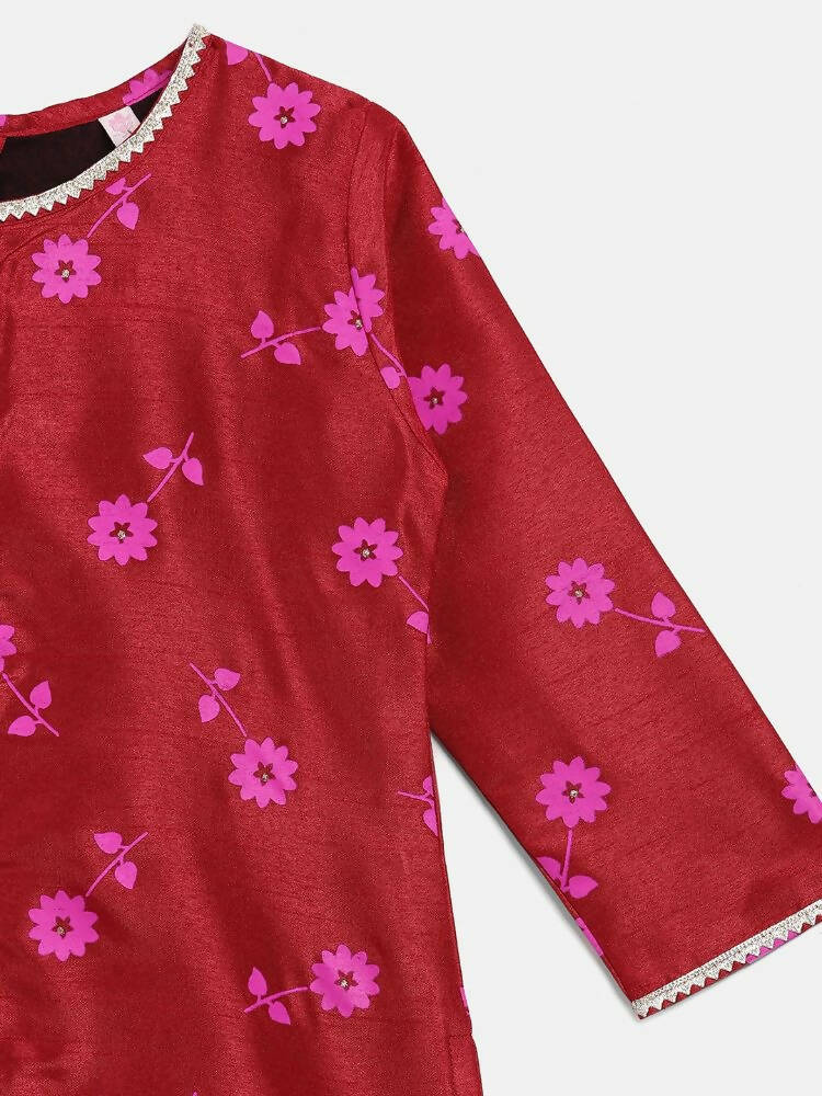 Ahalyaa Red Poly Silk Straight Printed Kids Kurta Palazzo Set For Girls | Swadesiicart
