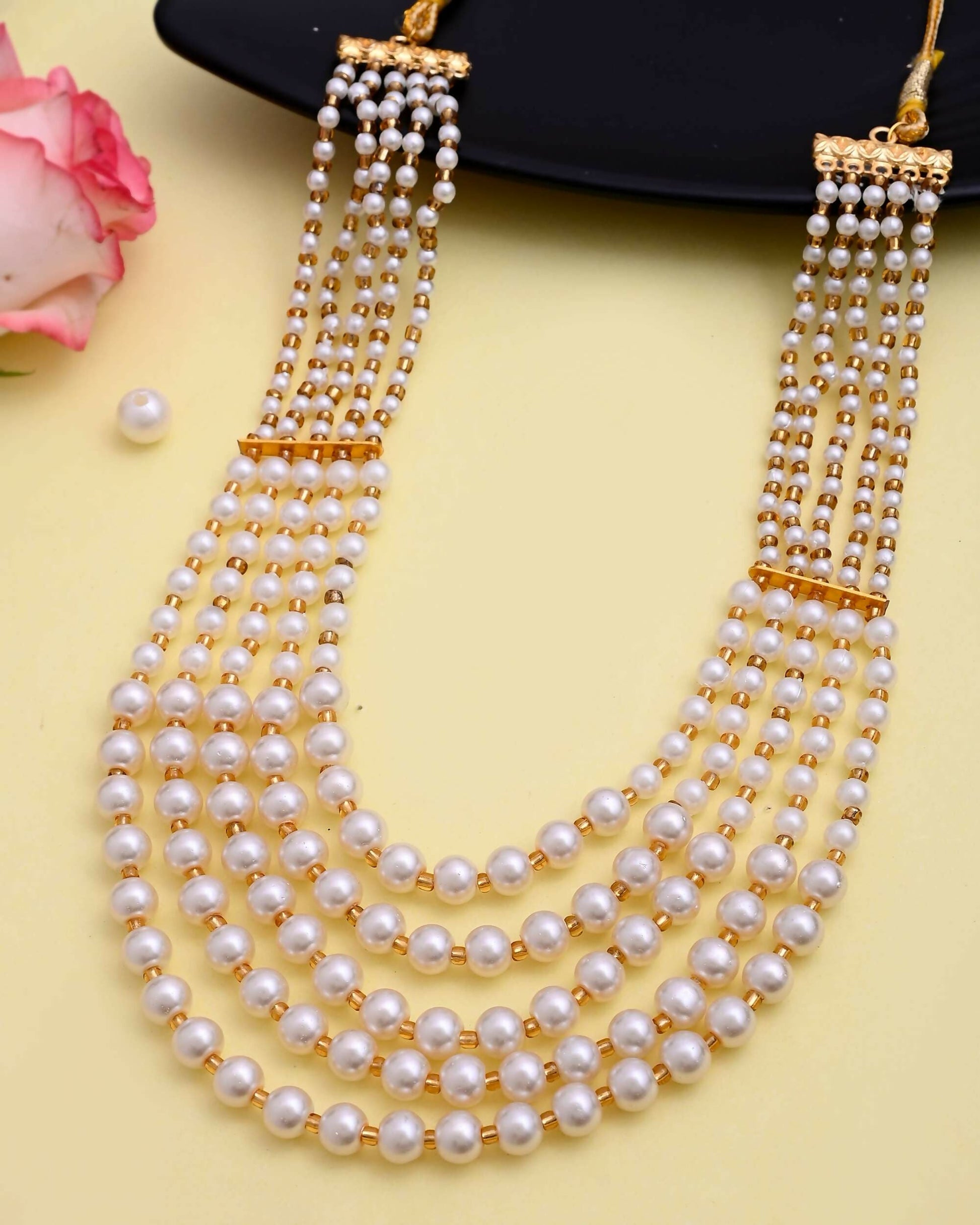 VOJ Gold-Polished Multi Layered Pearl Maharani Necklace | Swadesiicart