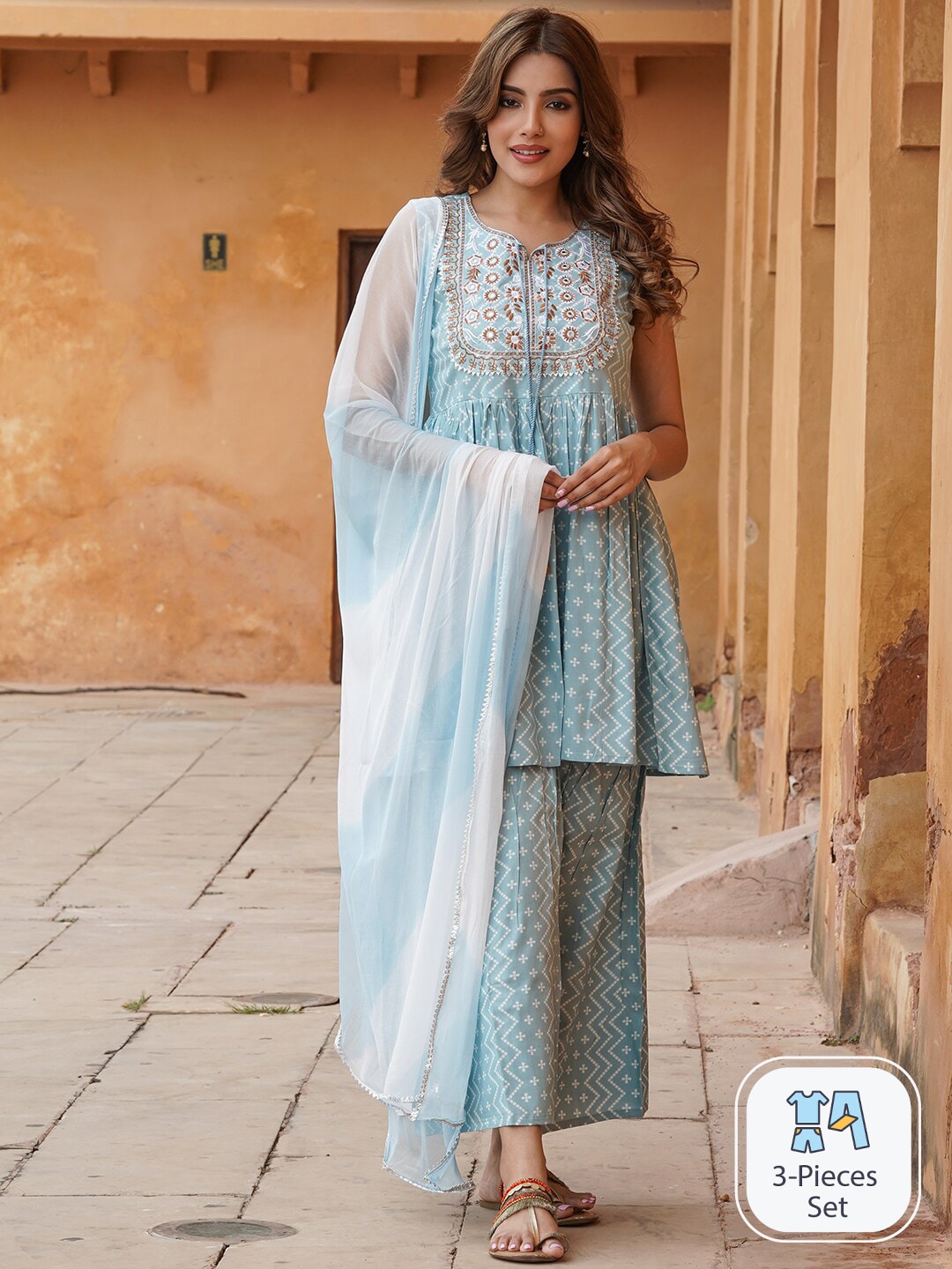 Kalini Ethnic Motifs Printed Thread Work A-Line Kurta With Sharara & Dupatta | Swadesiicart