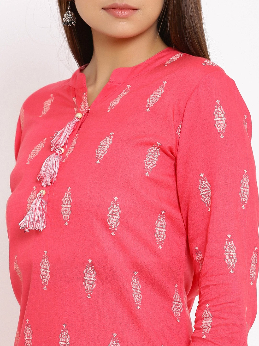 HERE&NOW Pink Mandarin Collar Ethnic Motifs Printed Pure Cotton Kurta - Swadesiicart