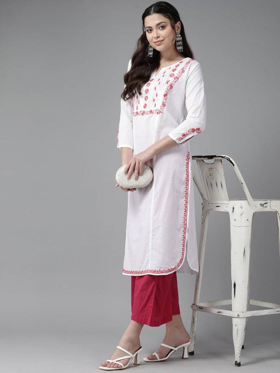 ADA Ethnic Motifs Chikankari Embroidered Floral Kurta | Swadesiicart