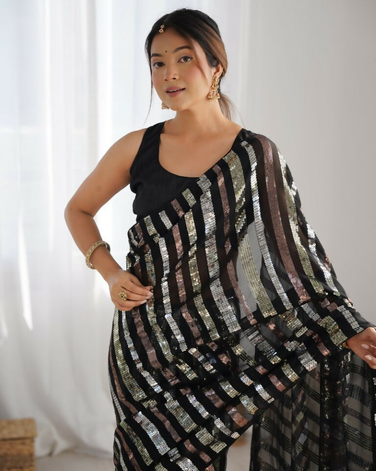 Black Georgette Sequance Embroidery Work Border Saree - Sitare