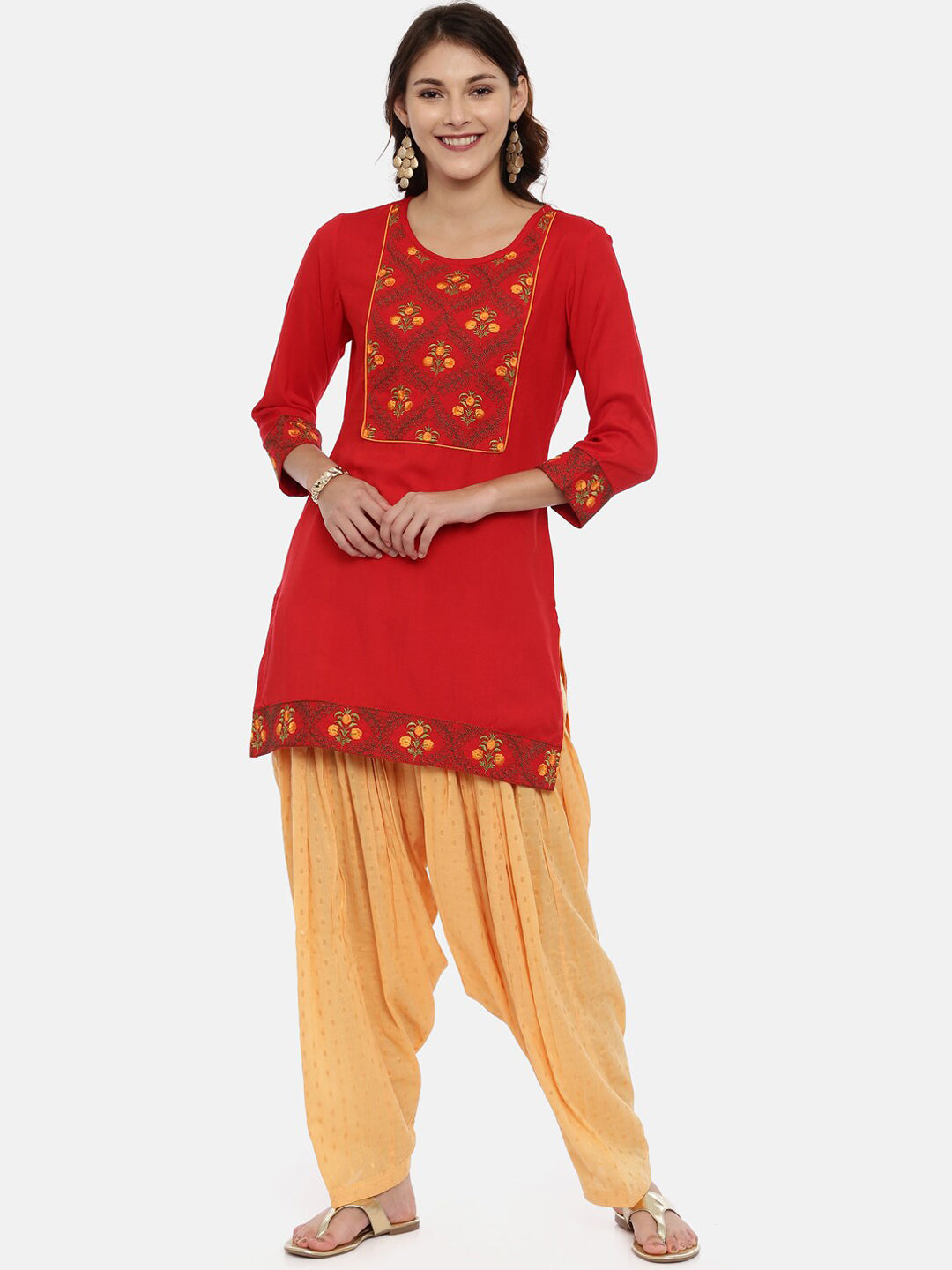 Souchii Women Red & Yellow Floral Yoke Design Kurta - Swadesiicart