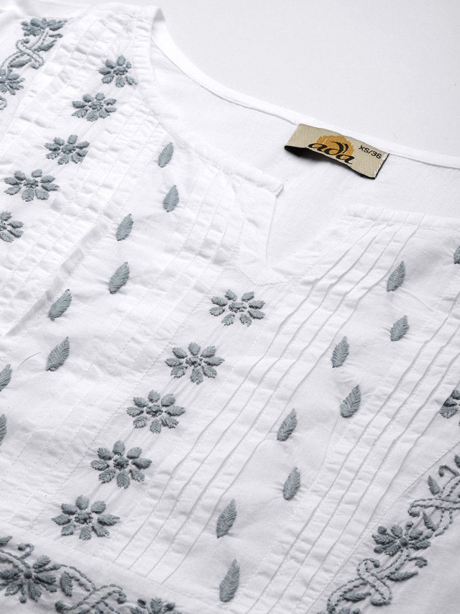 ADA Ethnic Motifs Embroidered Chikankari White Romance Kurta | Swadesiicart