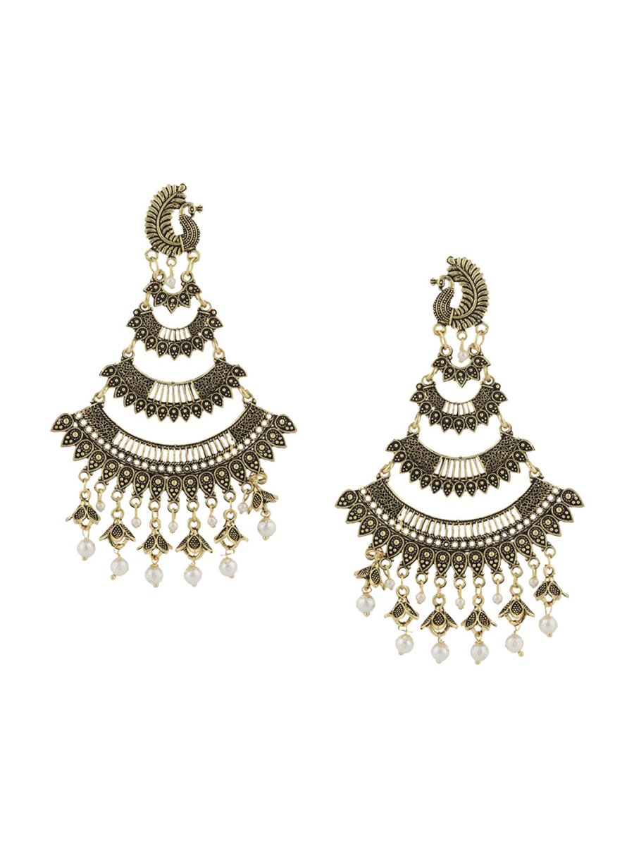 Anikas Creation Gold-Toned & White Peacock Shaped Chandbalis Earrings | Swadesiicart