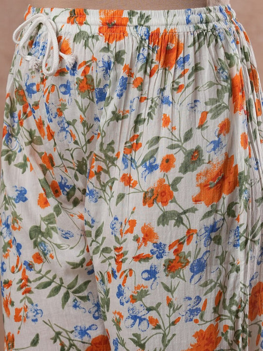 ADA Floral Printed Round Neck Regular Lucknowi Chikankari Kurta with Trousers | Swadesiicart