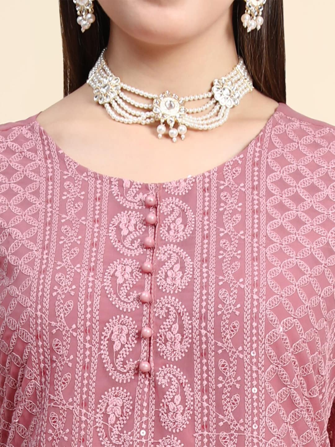 Kalini Round Neck Paisley Embroidered Chikankari Georgette Kurta | Swadesiicart