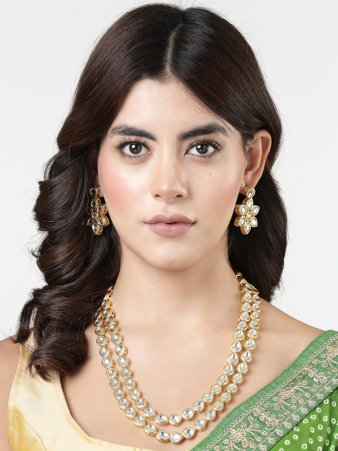 NVR Women's Gold-Polished Kundan 2 Layered Handcrafted Jewellery Sets With Drop Earrings - Swadesiicart