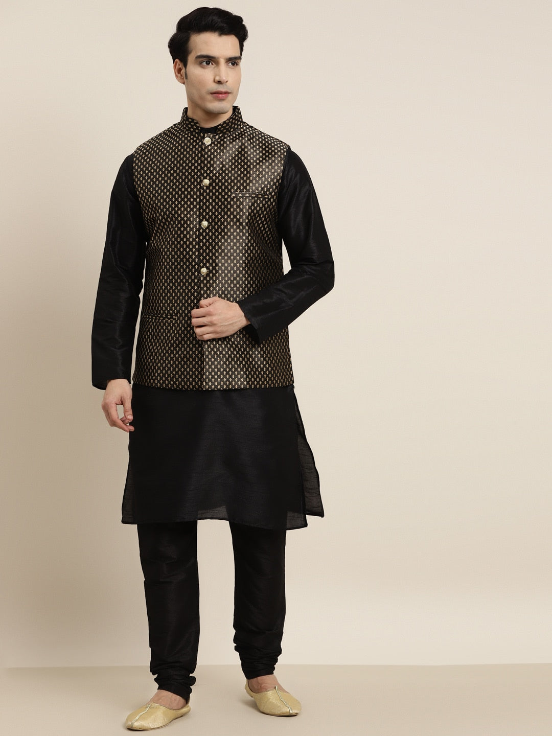 Sojanya Men Black Solid Kurta with Churidar & Nehru Jacket | Swadesiicart