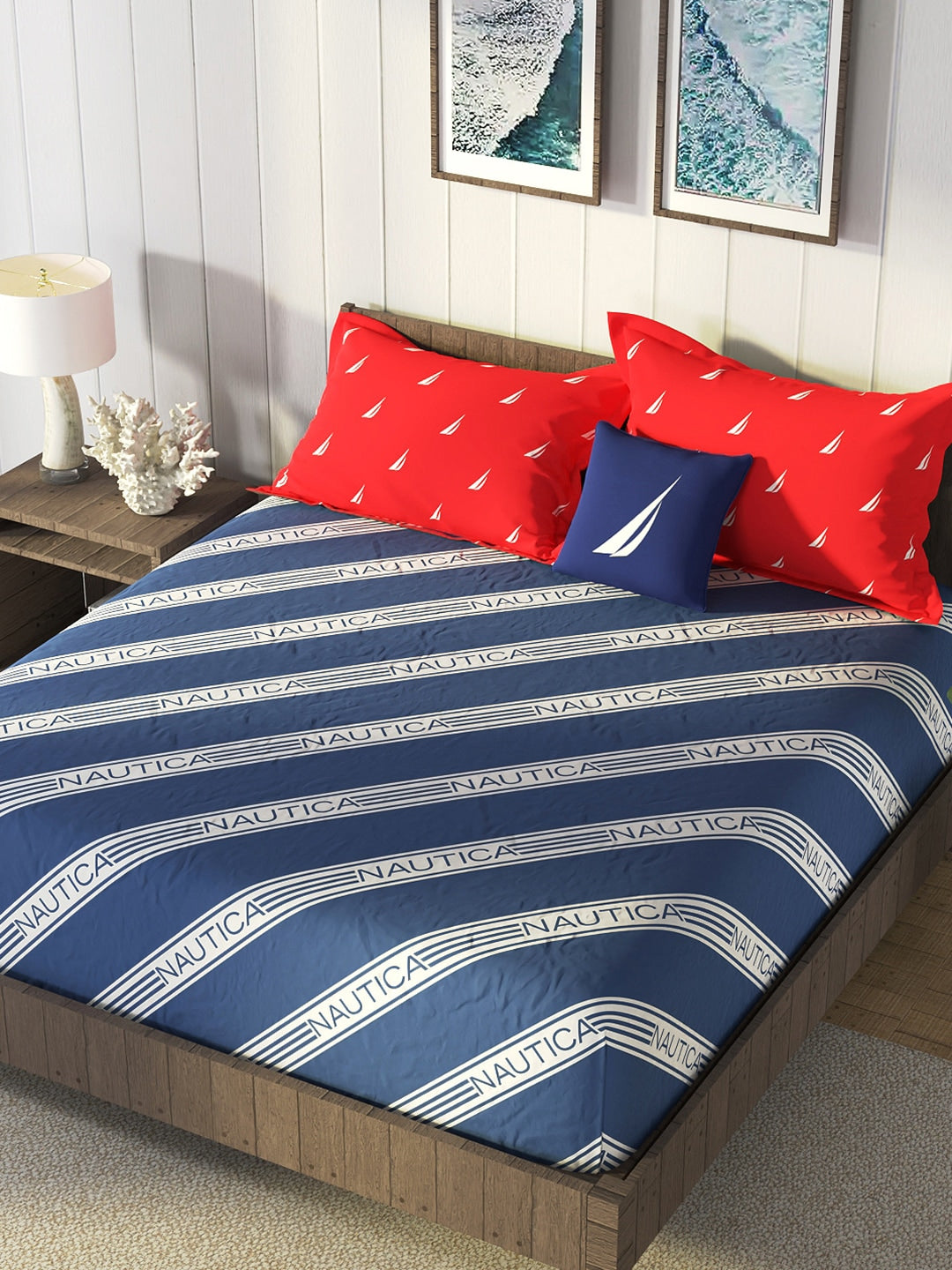 Nautica Blue & Red Striped Cotton 160 TC King Bedsheet With 2 Pillow Covers - Swadesiicart