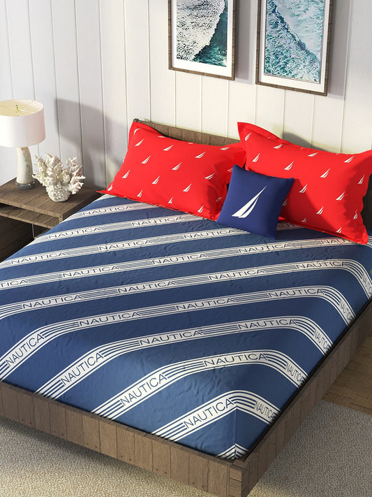 Nautica Blue & Red Striped Cotton 160 TC King Bedsheet With 2 Pillow Covers - Swadesiicart