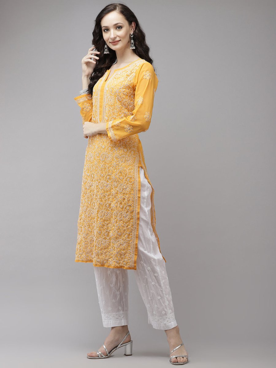ADA Women Mustard Yellow Embroidered Regular Chikankari Handloom Kurta with Palazzos | Swadesiicart