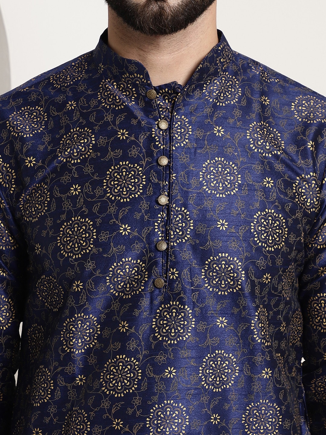 Sojanya Men Navy Blue & Golden Ethnic Motifs Printed Indigo Kurta | Swadesiicart