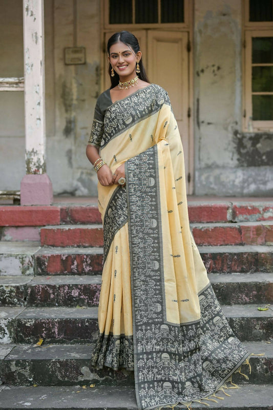 Vishnu Weaves Women's Black Handloom Raw Silk Woven Saree with Blouse - Swadesiicart