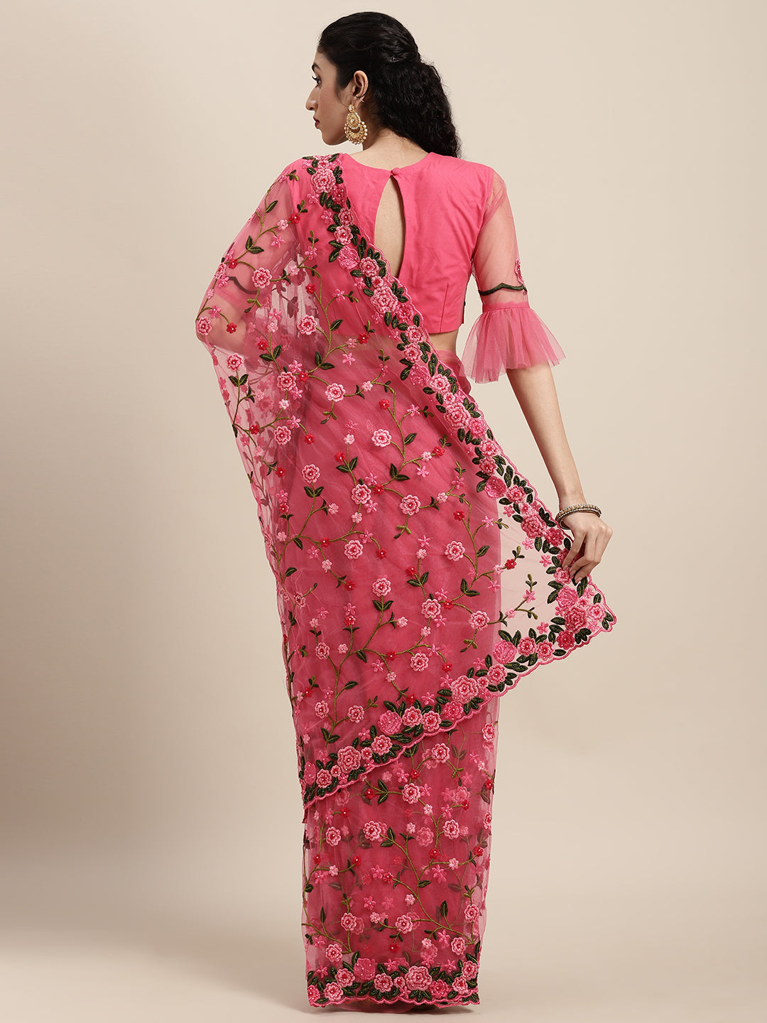 Tikhi Imli Pink & Green Beads and Stones Net Heavy Work Saree | Swadesiicart