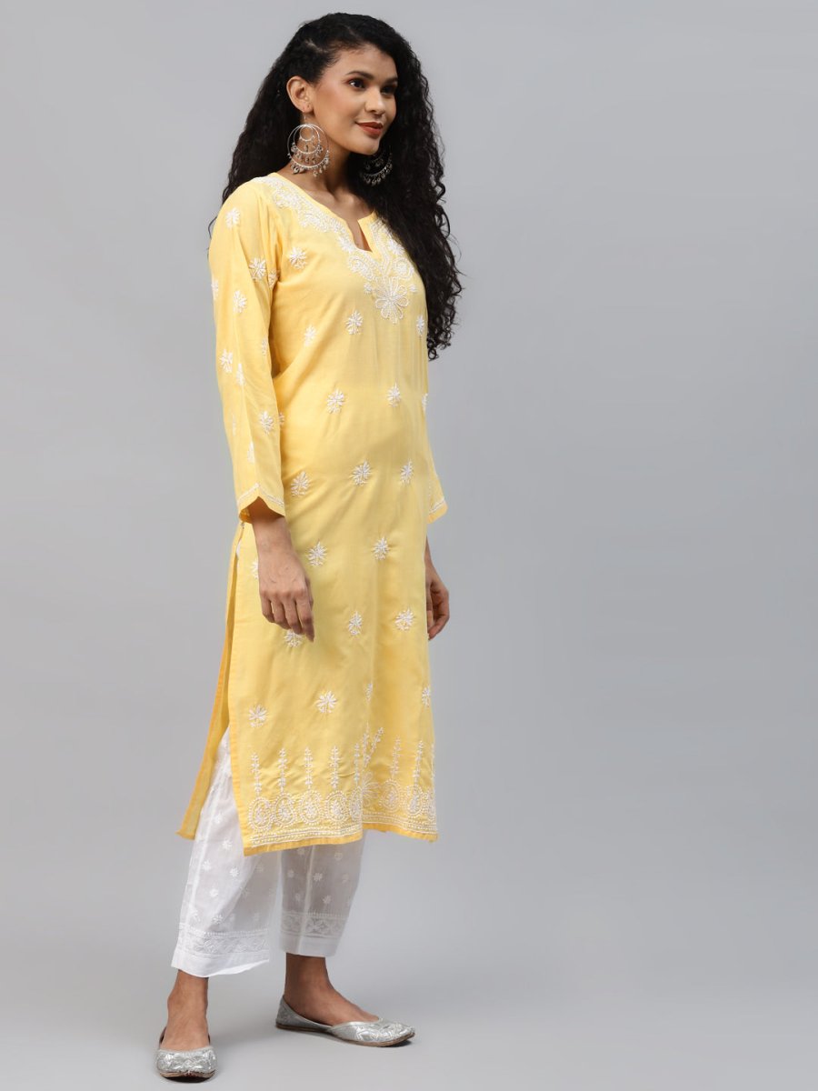 ADA Women Yellow Ethnic Motifs Embroidered Chikankari Handloom Kurta with Palazzos | Swadesiicart