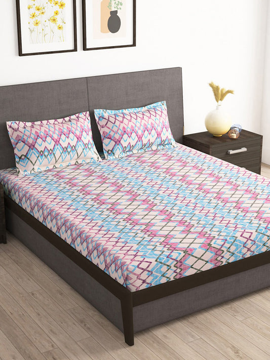 Story@home Tango Pink & White Printed 240 TC King Bedsheet with 2 Pillow Covers - Swadesiicart