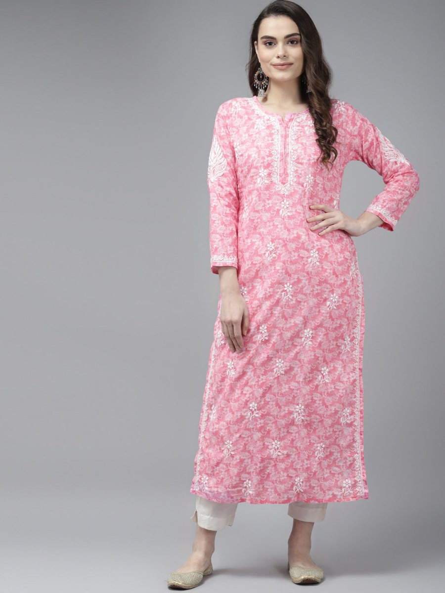 ADA Women Pink & White Floral Chikankari Cotton Handloom Kurta | Swadesiicart