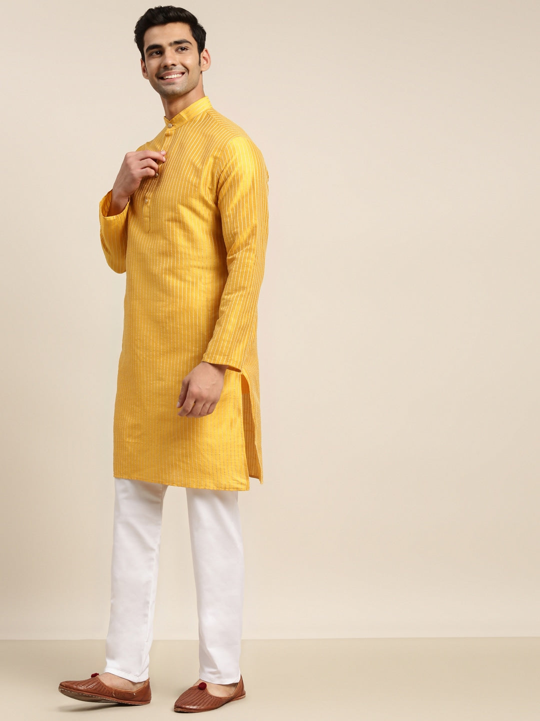 Sojanya Men Mustard Yellow Kurta with Churidar & Nehru Jacket | Swadesiicart