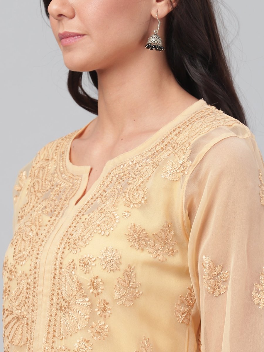ADA Women Beige Chikankari Hand Embroidered Straight Sustainable Handloom Kurta With Slip | Swadesiicart