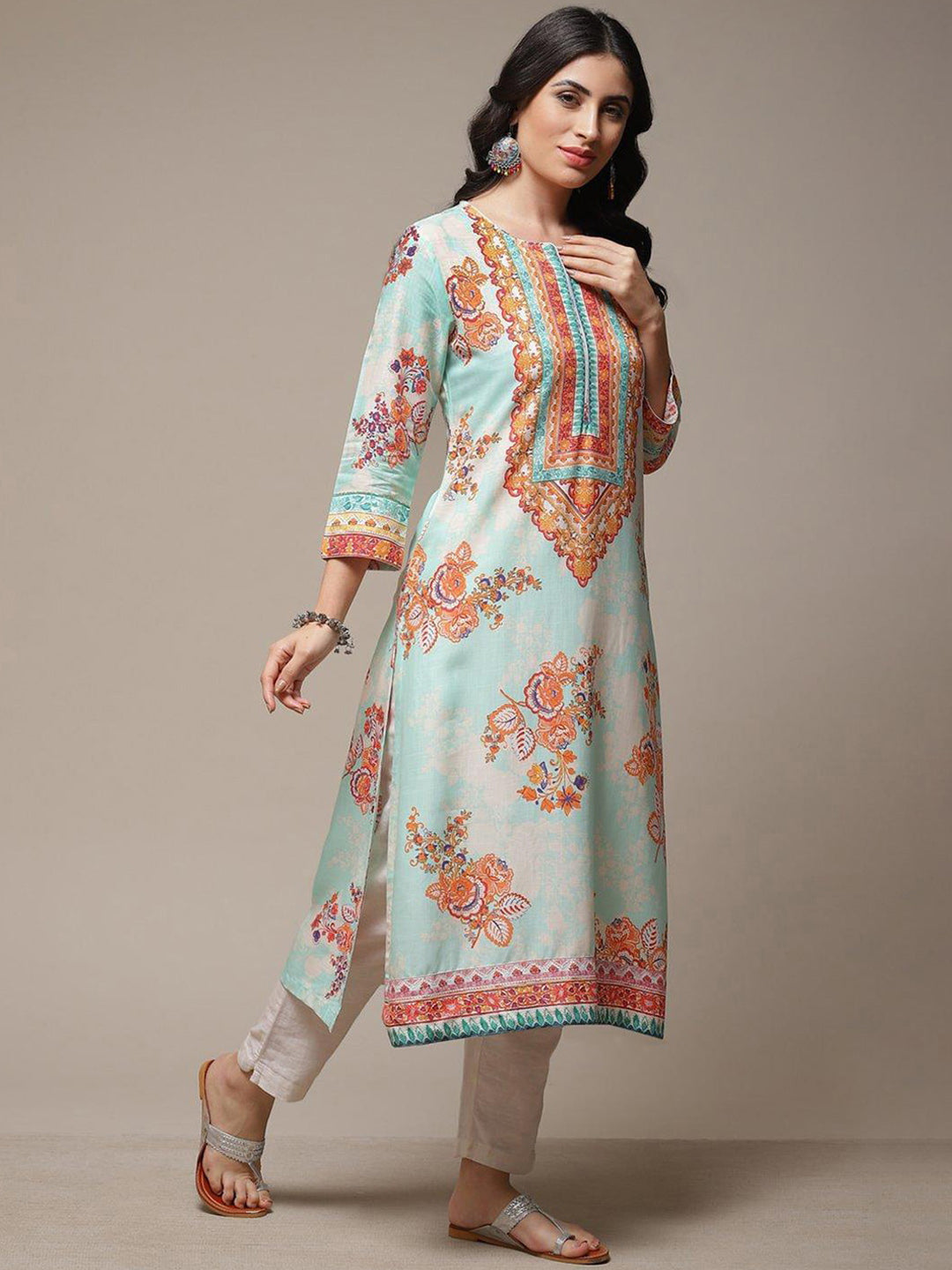 Biba Ethnic Motifs Printed Notched Neck A-Line Kurta - Swadesiicart