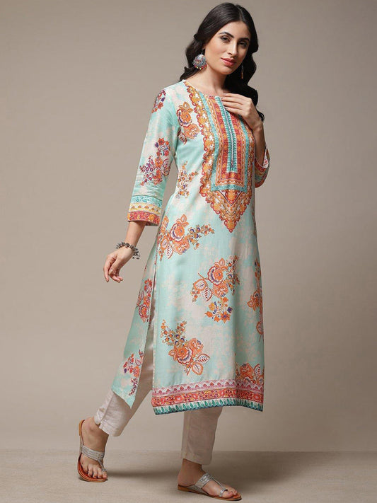 Biba Ethnic Motifs Printed Notched Neck A-Line Kurta - Swadesiicart