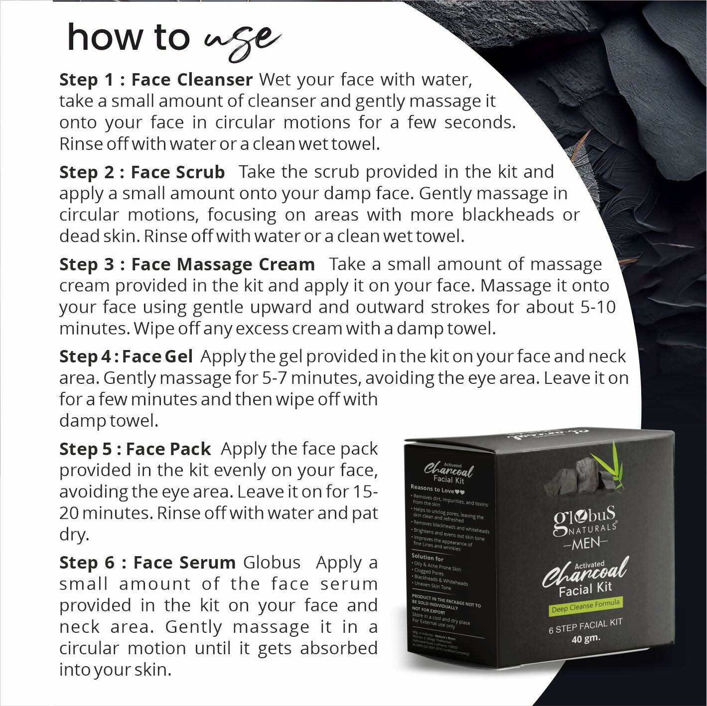 Globus Naturals Anti-Pollution Charcoal Men 6 Step Facial Kit | Swadesiicart