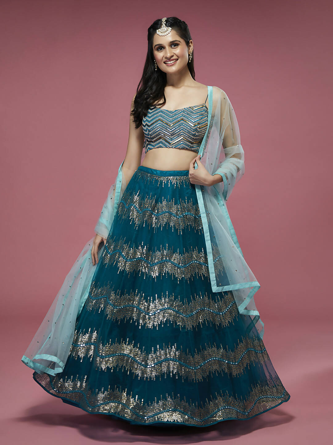 House of Panchhi Teal Net Sequinse Embroidered Lehenga & Blouse with Dupatta | Swadesiicart