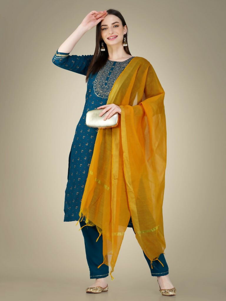Jyoti Fashion Women's Morpich Cotton Magic Slub Embroidery & Sequence work Kurta with Trouser & Dupatta | Swadesiicart