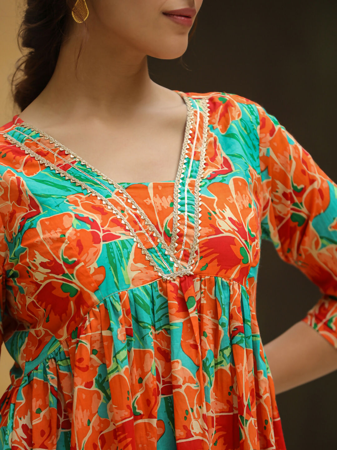 Janasya Orange Cotton Floral Kurta & Bottom | Swadesiicart