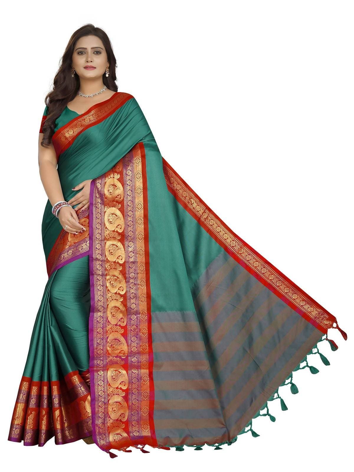 Vamika Banarasi Silk Rama Green Weaving Saree | Swadesiicart