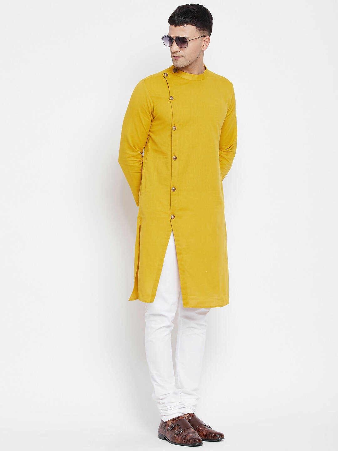 Even Apparels Yellow Pure Cotton Men's Sherwani Kurta With Asymetrical Cut | Swadesiicart