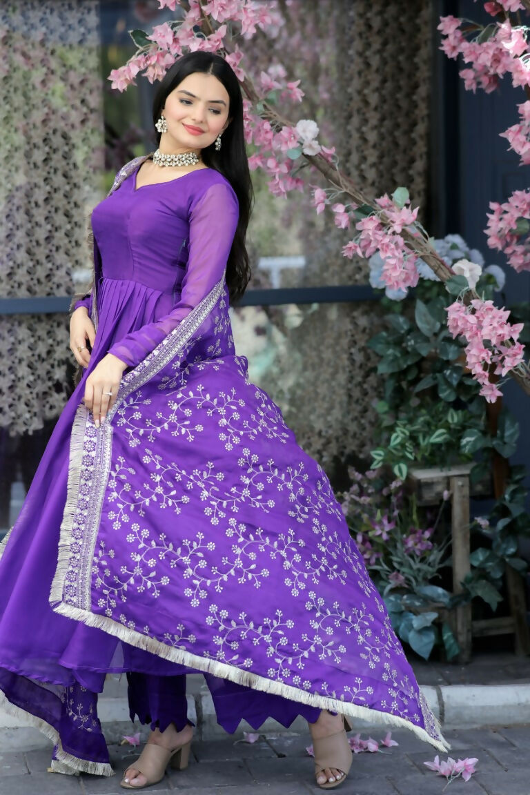 Jyoti Fashion Women's Purple Tabby Silk Designer Kurta with Trouser & Dupatta | Swadesiicart