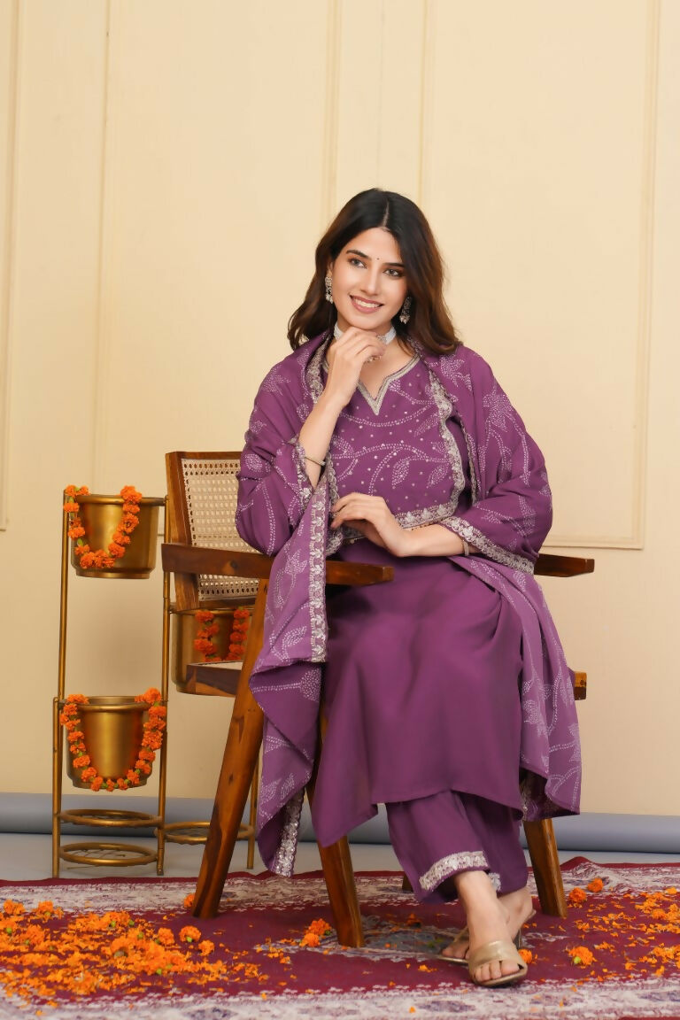 Wine Viscose Chanderi Embroidered Stitched Suit With Dupatta - Tanisha | Swadesiicart