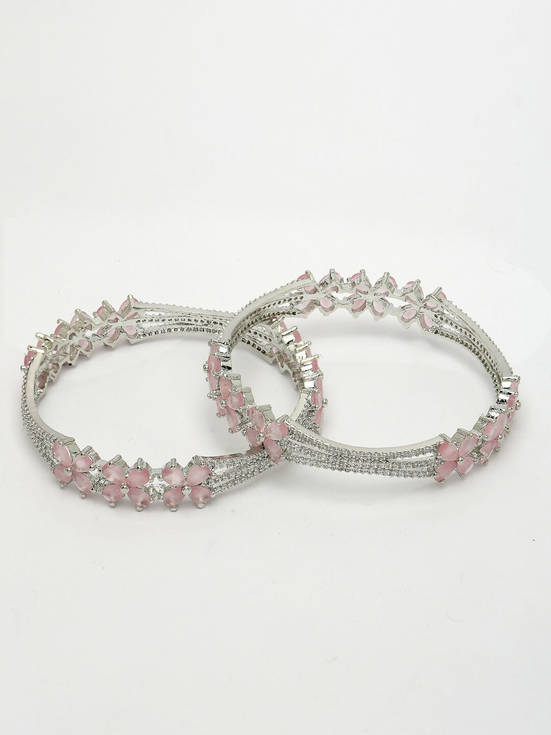 NVR Women's Set of 2 Silver-Plated American Diamond Handcrafted Bangles - Swadesiicart