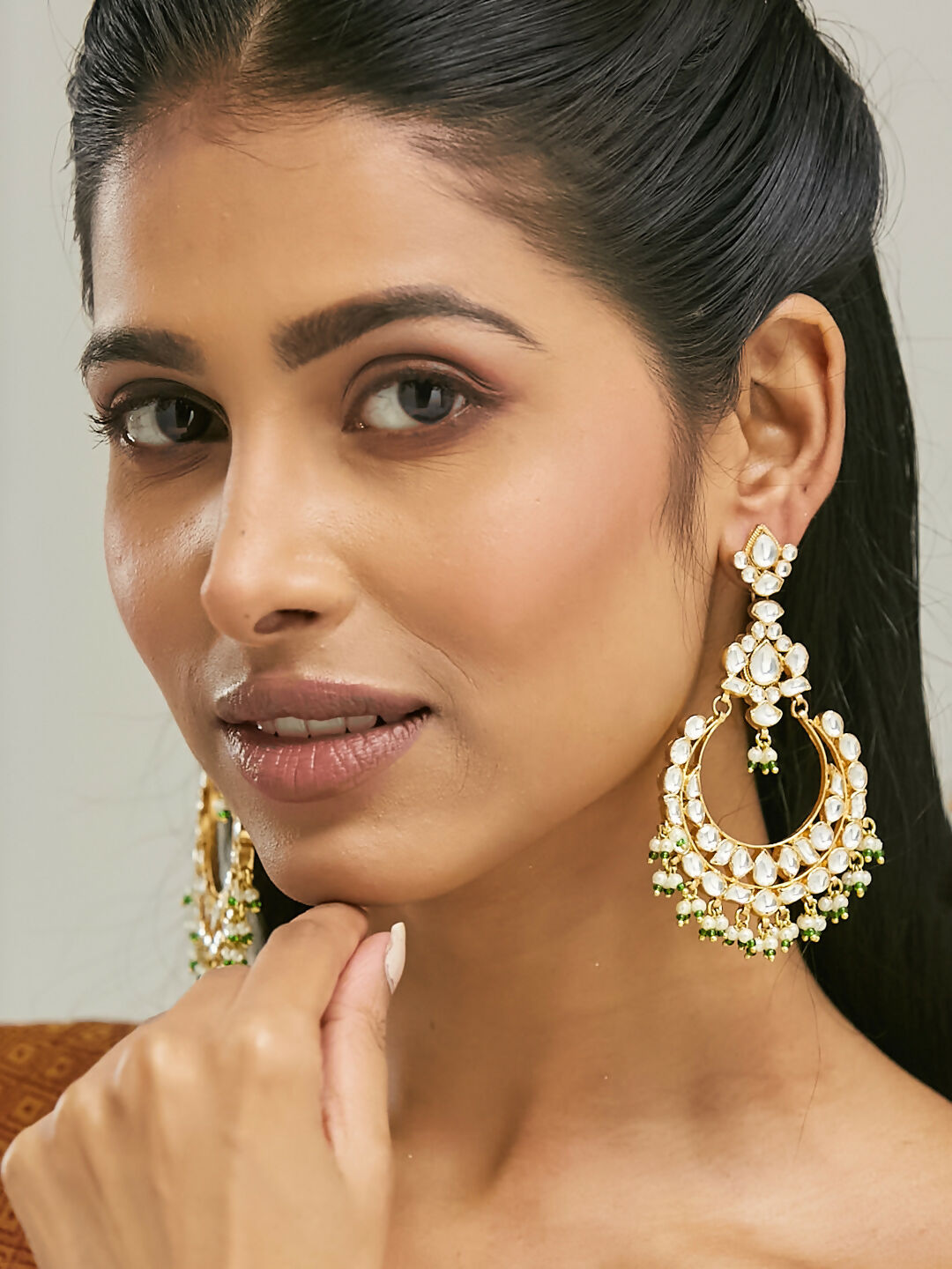Nuyug 22K Gold-Plated Elegant Kundan Studded & Beaded Floral Chandbali Earrings | Swadesiicart