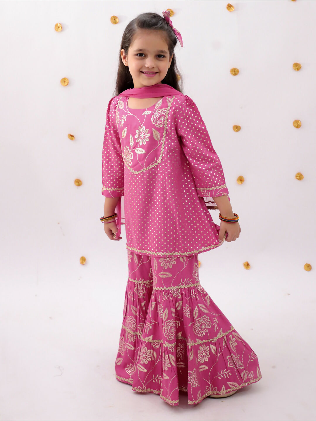 Lil Drama Khilkhilahat Pink Kurta Sharara With Dupatta Set For Girls | Swadesiicart