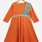 Ahalyaa Orange Crepe Gold Striped Printed Kids Dress Kurta With Attached Dupatta For Girls | Swadesiicart