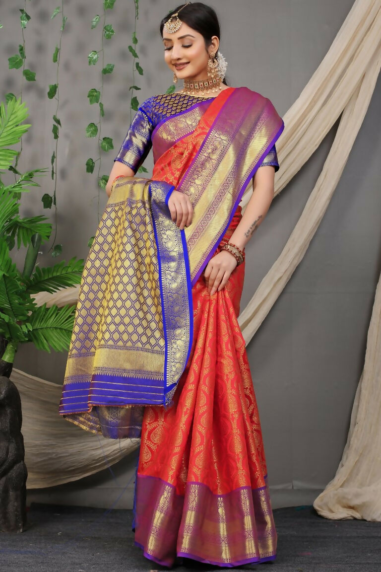Jyoti Fashion Women's Red Kanjivaram Silk Zari Woven Saree with Blouse | Swadesiicart