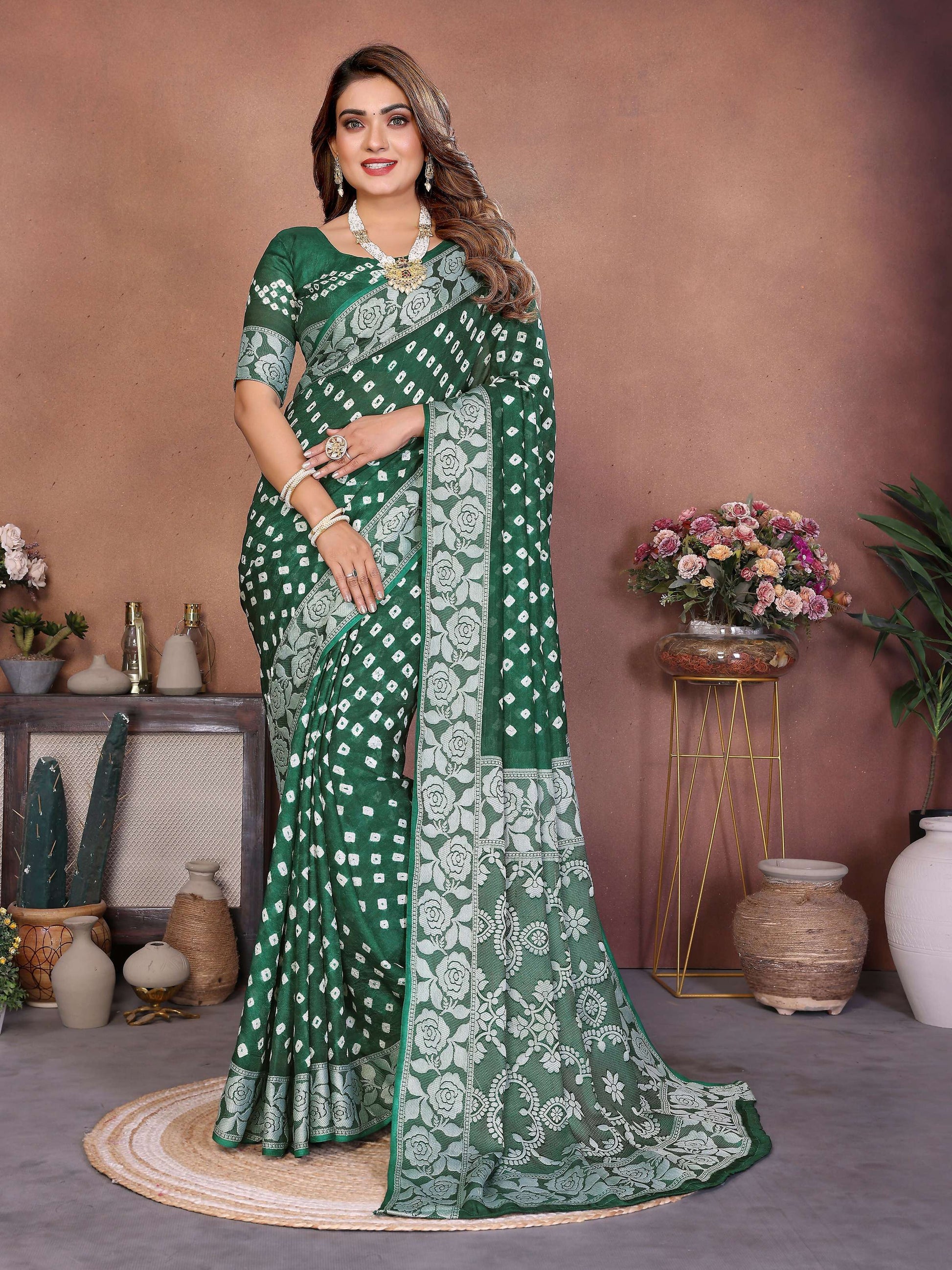 Aastha Fashion Green Viscose Silk Handmade Original Bandhej Saree