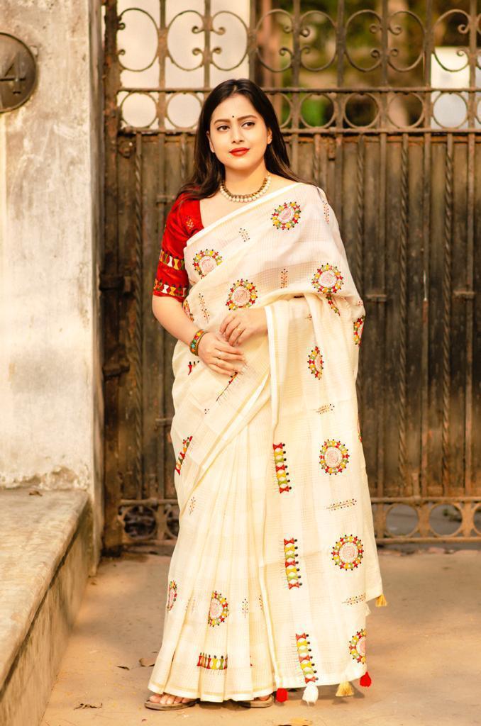 Cream Cotton Blend Warli Saree with Unstitched Blouse - Hiral Fashion | Swadesiicart