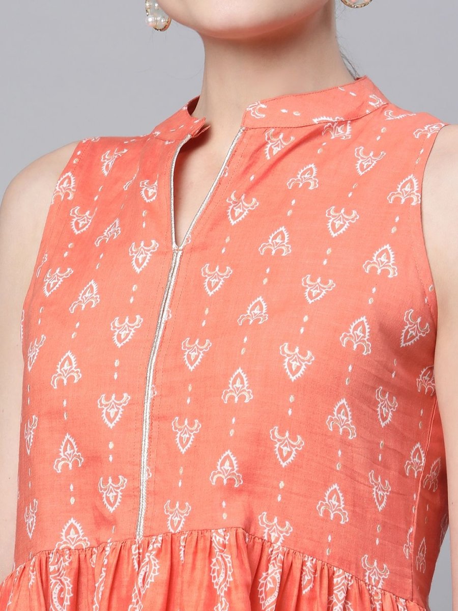 Ahalyaa Women Orange Pure Cotton Porcian Print Tunic | Swadesiicart