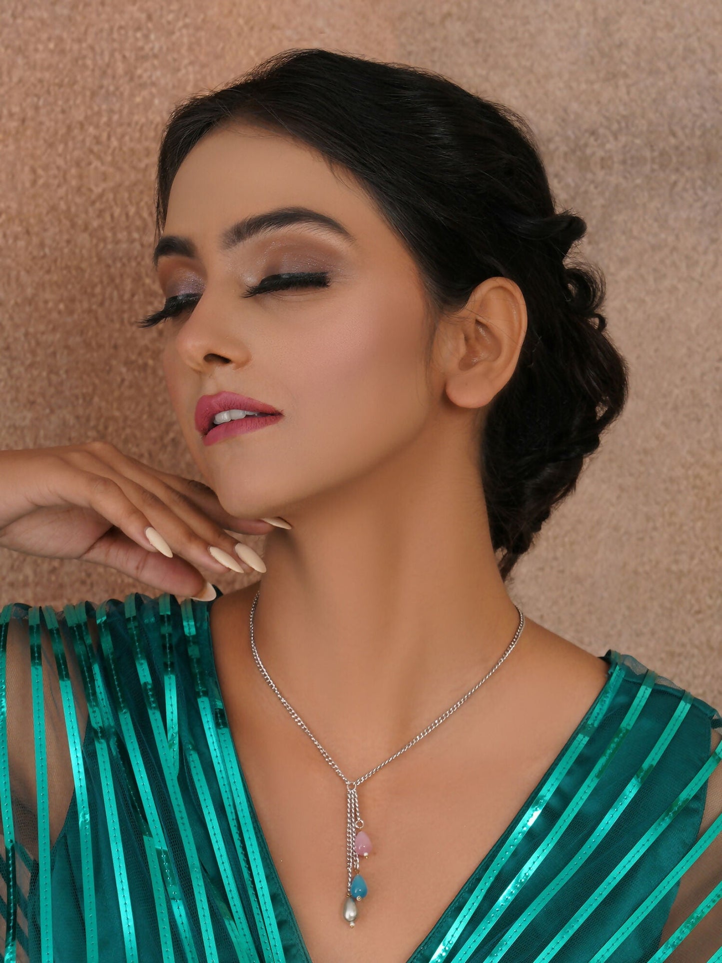Long Silver Neckpiece with Multi Stones (silver) - Ruby Raang | Swadesiicart